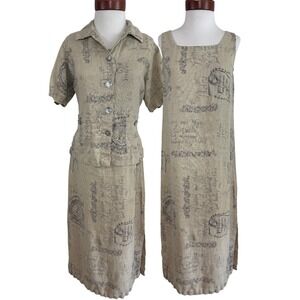 Sweet Jessie Linen Dress Set 2 Piece Poetry Script Print Artsy Dark Academia S P